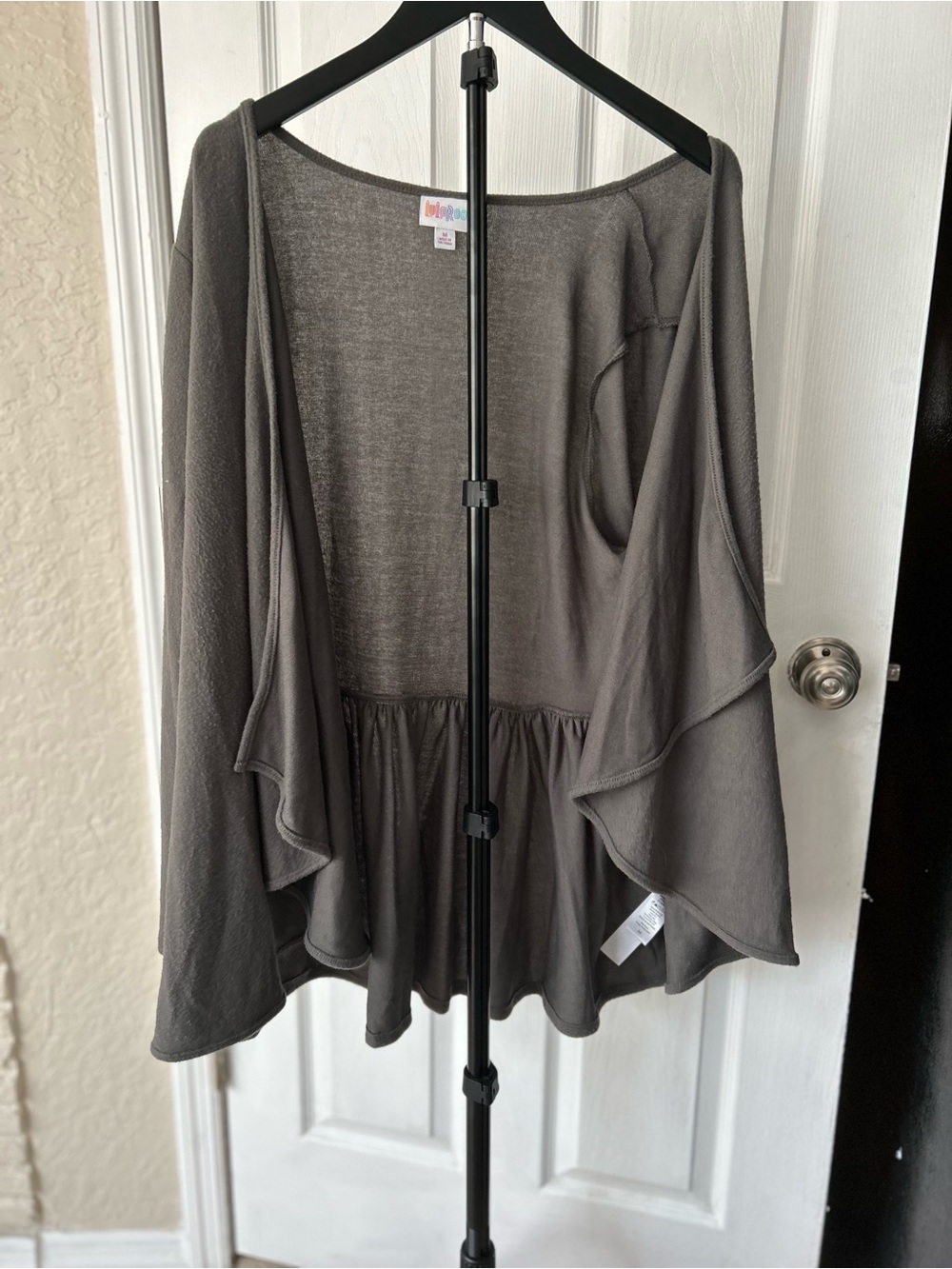 LuLaRoe Gray Nanette Peplum Cardigan Open Front Knit Draped Jacket Size M
